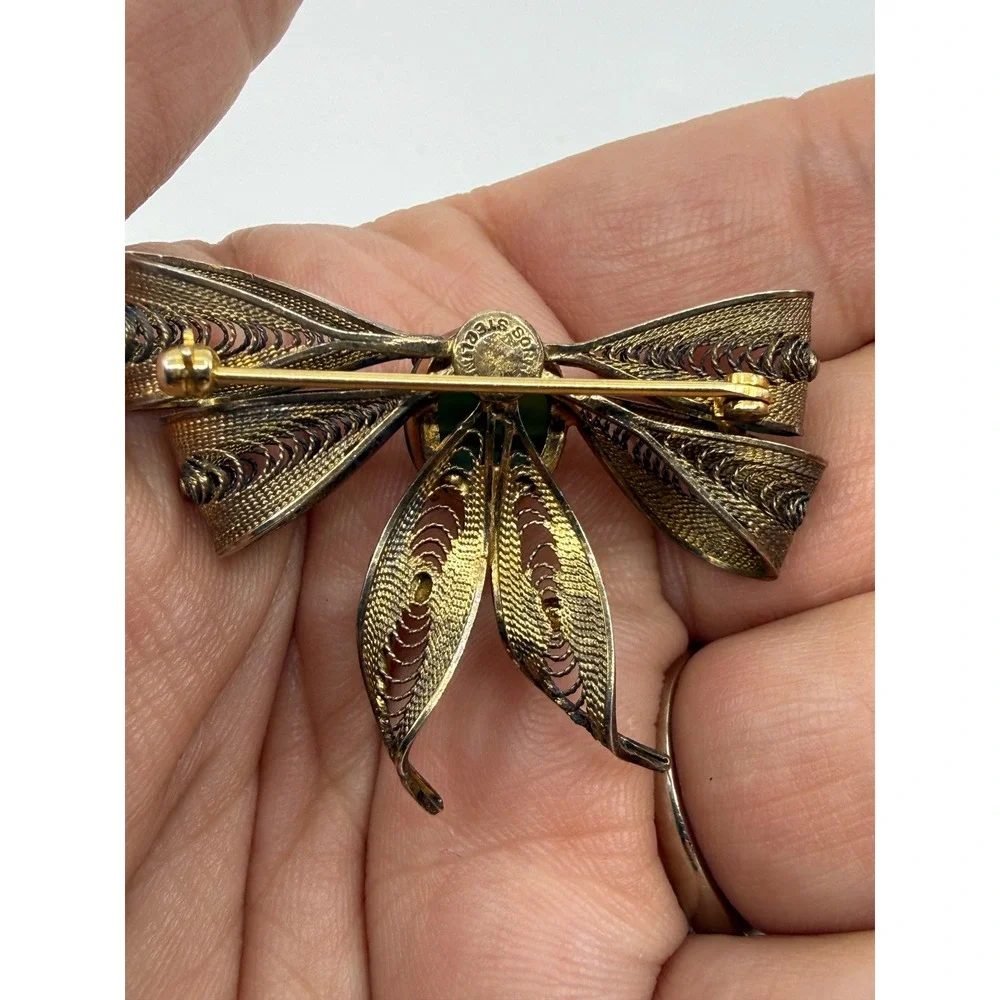 Sorrento Vintage Sterling Silver Gold Wash Filigree Jade Bow Brooch Pin